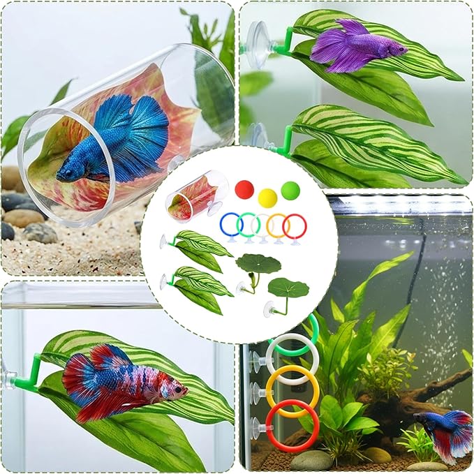 Betta Fish Toys, 13 Piece Betta Toys Set with Five Resting Leaves and Three Floating Balls, Colorful Hoops in Blue Green Yellow White Red, Enrichment Activities for Betta Fish