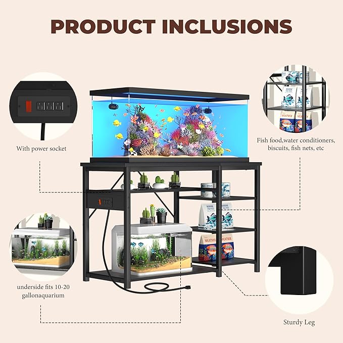 GRLEAF 40-50 Gallon Aquarium Stand: 900LB Capacity, Built-In Power Outlets, 3-Tier Shelves for Fish Tank Accessories Storage, Heavy-Duty Steel/Wood Hybrid for Fish & Reptile Tanks | Excludes Tank