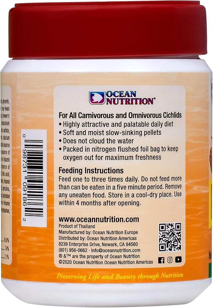 Ocean Nutrition Fish Food - Cichlid Pellets, High Protein (41%) Soft Moist Sinking Pellets for Omnivorous Predatory Cichlids - Enhances Color & Growth, 7 oz (200 g), Medium Pellet
