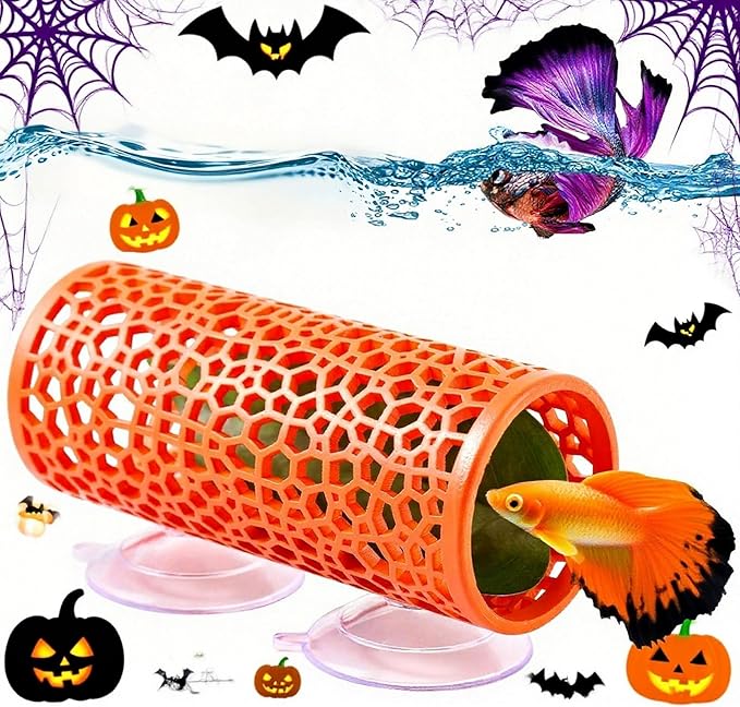 Abizoo Betta Tunnel Aquarium Cave Orange Hollow Coral Design, Betta Fish Toys Aquarium Ornament for Small Fish Shrimp Habitat Smooth Hammock Hideout Halloween Tank Decoration