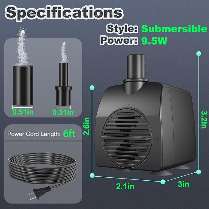 SongLong Submersible Pump 200GPH (800 L/H 15W) Ultra Quiet with Over Heating Protection 5.2ft High Lift for Fountains, Hydroponics, Ponds, Aquariums & More……