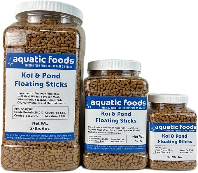 Koi 7/16" x 5/32" 28% Protein Floating Sticks for Koi, Goldfish, All Pond Fish, All Aquatic Turtles...WL 1-lb Med Jar