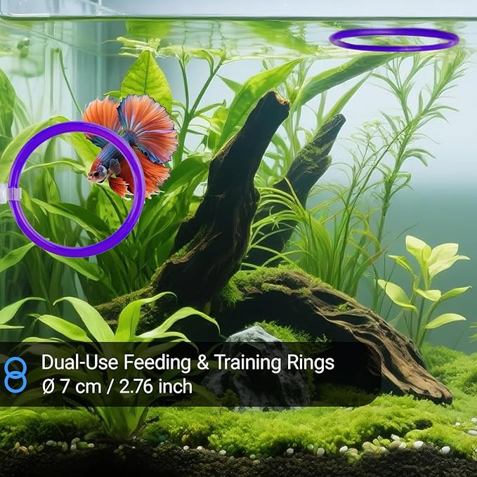 Betta Fish Toy Set: Betta Training Floating Mirror, Training/Feeding Ring, Spoon, and Resting Leaf. Promotes Exercise. Betta Toys, Resting & Feeding Kit, Purple