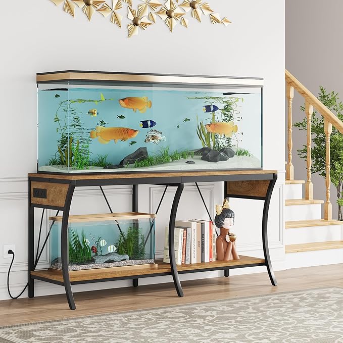 55-90 Gallon Fish Tank Stand with Power Outlets, 2-Tier Aquarium Stand with LED Light Strip & Open Storage Shelves, Heavy Duty Metal Table for Reptile Tank, 1100 LBS Capacity, Light Brown and Black