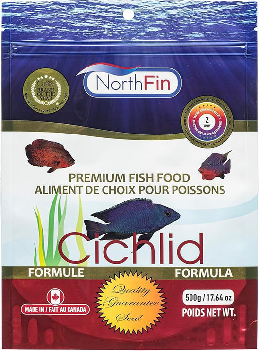 Northfin Cichlid Formula Fish Food – Slow Sinking Pellets for Cichlids (2mm, 500g) | Premium High-Protein, All-Natural Cichlid Diet to Enhance Color & Growth – No Fillers, No Hormones, Made in Canada