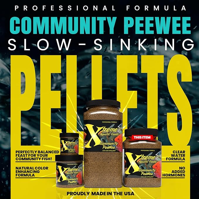 Xtreme Community Peewee 1.5mm Pellets: Slow Sinking & Ideal for Community Fish - Boosts Immune & Digestive Health, Enhances Color & Energy, Max Protein Fish Food – USA Farm Grown (20oz)