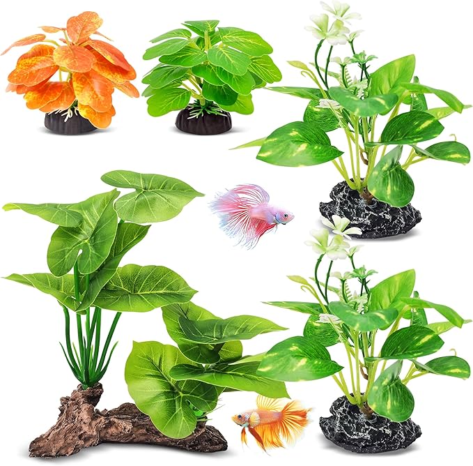 GOZILLA Fish Tank Plants, Reptile Artificial Plastic Plants, Reptile Plants for Terrarium, Aquarium Decorations Resin Pedestal Ornaments for Fish Tank Accessories Set.(5PCS/B-Set)