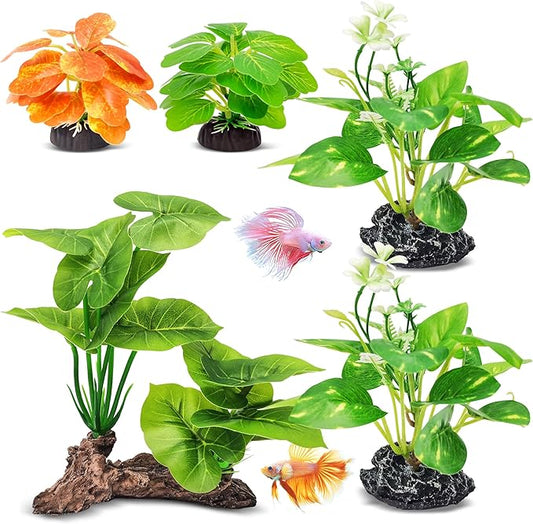 GOZILLA Fish Tank Plants, Reptile Artificial Plastic Plants, Reptile Plants for Terrarium, Aquarium Decorations Resin Pedestal Ornaments for Fish Tank Accessories Set.(5PCS/B-Set)