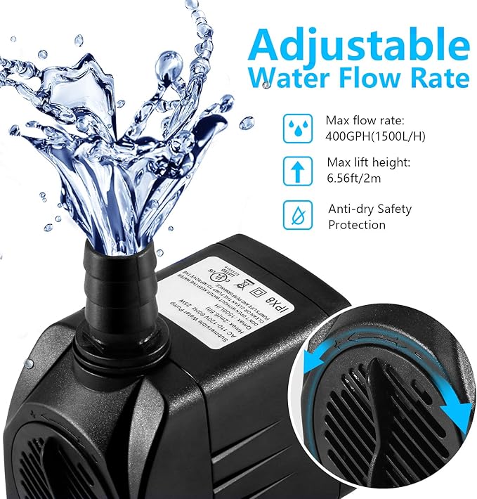 CWKJ Fountain Pump, 2 Packs 400GPH(25W 1500L/H) Submersible Water Pump, Durable Outdoor Fountain Water Pump with 6.5ft Tubing (ID x 1/2-Inch), 3 Nozzles for Aquarium, Pond, Fish Tank, Water Pump
