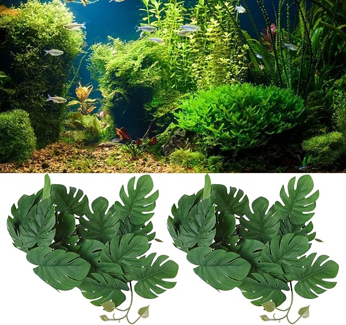 2PCS Artificial Water Plant,Simulation Vine,Lifelike Plastic Leaves Decoration with Suction Cup,Plastic Plant Aquatic Water Grass Decor for Fish Tank (Monstera Deliciosa Leaf)