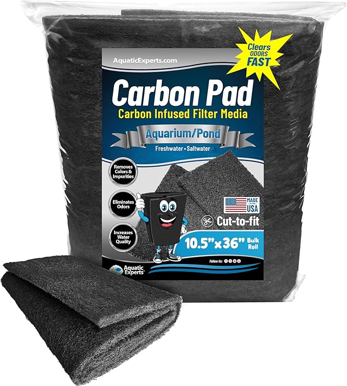 Aquarium Carbon Pad – Cut‑to‑Fit Carbon Infused Filter Pad Media for Crystal Clear Fish Tanks and Ponds, 3/8"–1/2" Thick (10.5 Inch Width, 36 Inch Long)