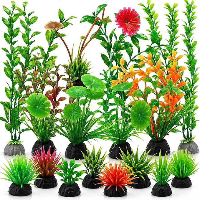 16-Piece Artificial Aquarium Plants Set – Vibrant, Realistic Fish Tank Decorations for Aquariums, Reptile Terrariums, and Aquatic Landscapes