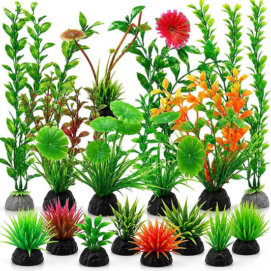 16-Piece Artificial Aquarium Plants Set – Vibrant, Realistic Fish Tank Decorations for Aquariums, Reptile Terrariums, and Aquatic Landscapes