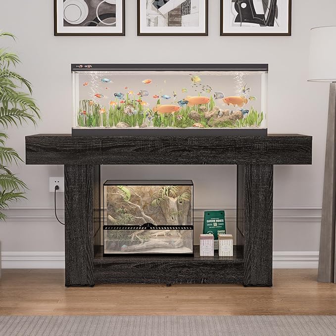 55–75/90 Gallon Aquarium Stand, Heavy Duty Fish Tank Stand for Turtle,Reptile&Amphibians,MDF Board Tabletop with Drawer&Power Outlet,Reinforced Metal Frame Upload 1000LBS Black Wood
