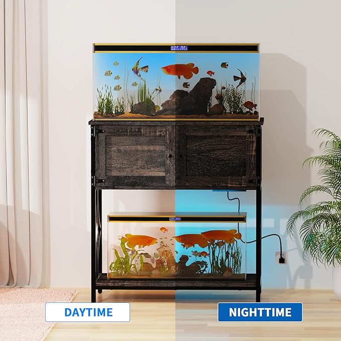 20-29 Gallon Fish Tank Stand, Aquarium Stand with Power Outlets &LED Light, Metal Frame Fish Tank Stand with Cabinet Accessories Storage, 30.7" L*15.7" W Tabletop, 330LBS Capacity, Dark Oak