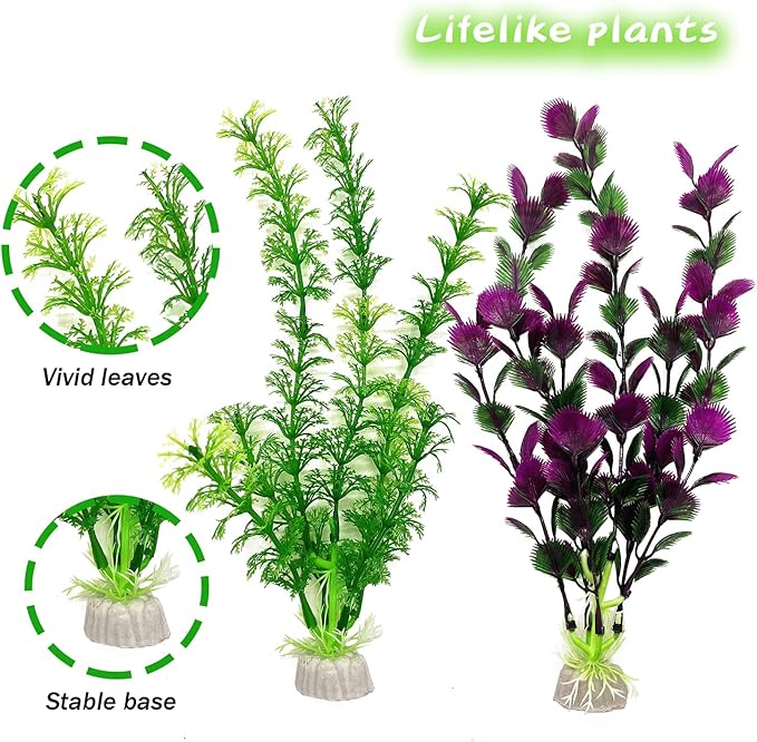 SLOCME 25 PCS Aquarium Plants & Rock Cave Decorations Set – Colorful Fish Tank Plastic Plants Ornaments with Resin Rock Hideout, Realistic Aquarium Decor Accessories for Freshwater & Saltwater Tanks