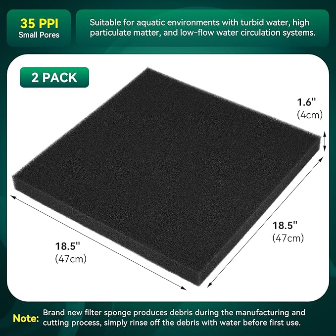 Borlech Aquarium Bio Filter Sponge Pad - Cut-to-Size Aquarium Filter Media for Fish Tank, Pond, Sump - Mechanical & Biological Filtration (18.5"x18.5"x1.6", 35PPI, 2 Pack)