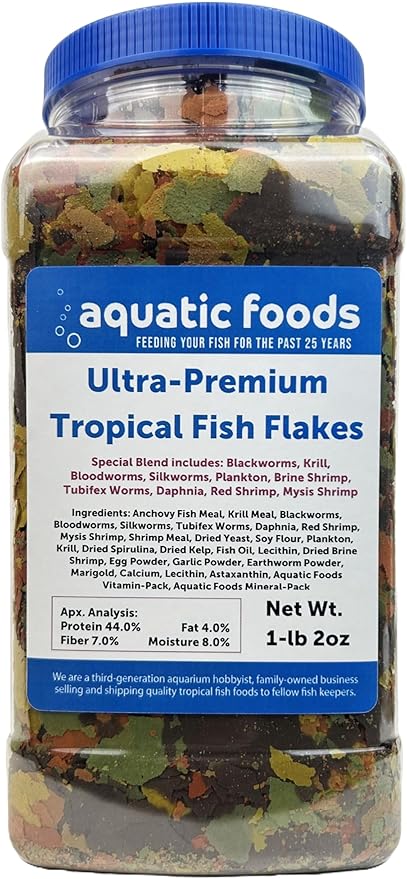 Ultra-Premium 8-Type Special Blend of Tropical Fish Flakes for Discus, Cichlids, Angel Fish, Guppies. Tetras, All Tropicals. AF Flakes…1-lb 2oz Lg Jar
