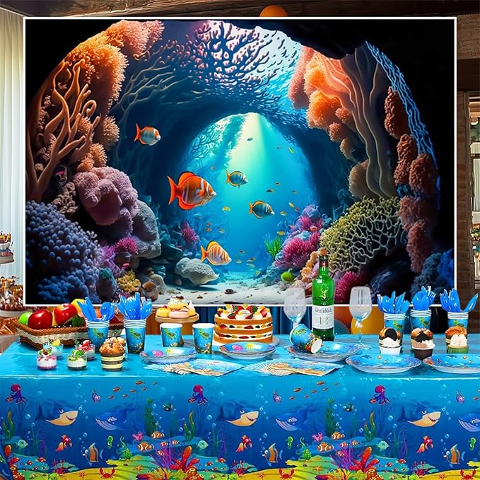 Renaiss 12x8ft Aquarium Backdrop Fabric Blue Underwater World Coral Reef Tropical Fish Photo Background Kids Adults Game Events Ocean Theme Birthday Party Decorations Portrait Photo Booth Prop