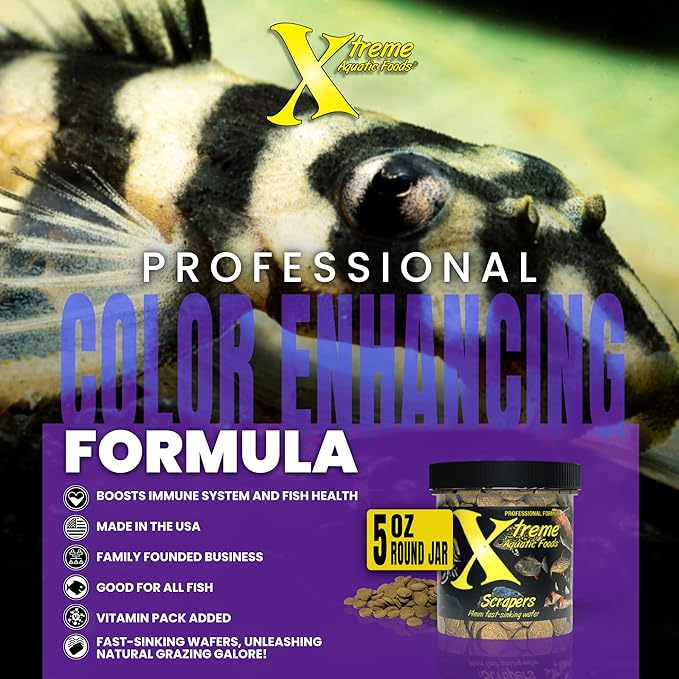 Xtreme Scrapers Wafers - Premium 14mm Fast-Sinking Fish Food – Nutrient & Cellulose Rich Ideal for Nocturnal Feeders, Catfish, Plecostomus Species, and Loaches – USA Farm Grown (5oz)