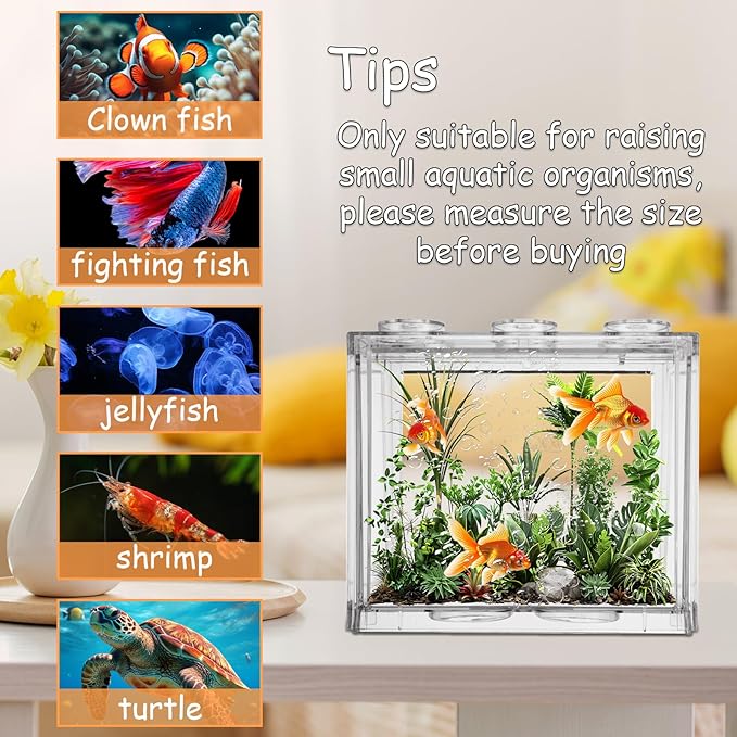 QTLCOHD 4 Pack Small Betta Fish Tank, 0.6 Gallon Mini Aquarium Tank, Clear Stackable Fish Bowl, Acrylic Tiny Cube Tank for Beta Fish Sea Monkeys Shrimp Snails