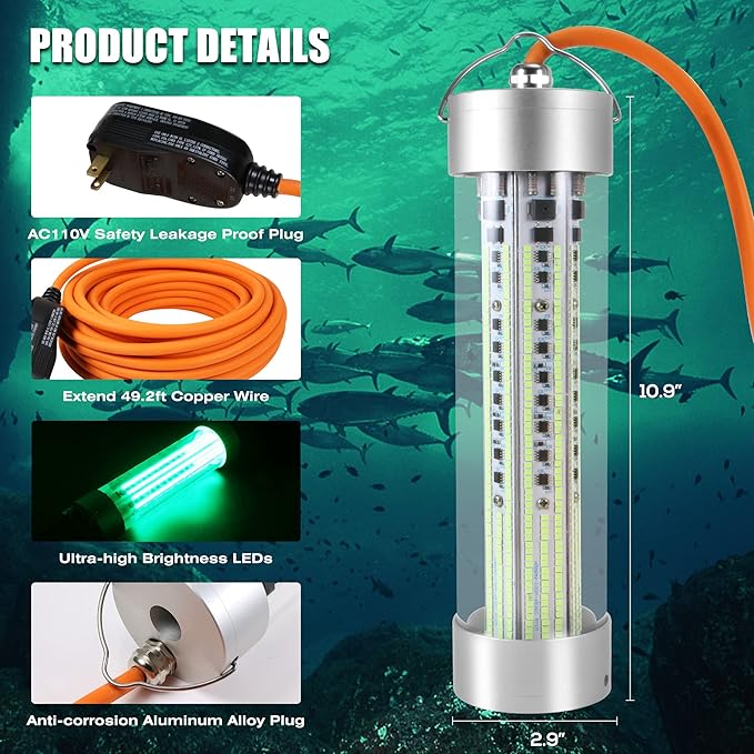 HUSUKU LED Underwater Fishing Light, Green Night Fishing Finder Attractor, IP68 Submersible Boat Lamp for Snook Crappie Squid Shrimp