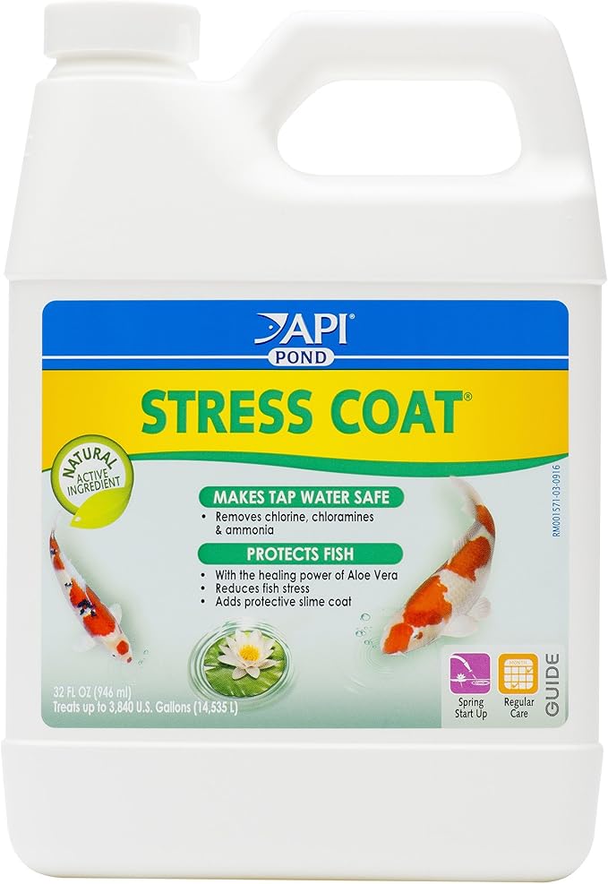 API POND STRESS COAT (32 fl oz) Pond Water Conditioner - Quickly Makes Tap Water Safe for Fish & Plants - Up to 3840 Gallons - Removes Chlorine, Ammonia & More - Aloe Vera - Natural Active Ingredient