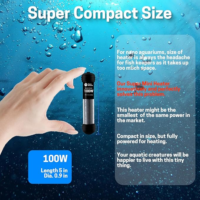 AquaMiracle Upgraded 100W Small Aquarium Heater Fish Tank Heater Turtle Heater Super Mini Aquarium Heater, Dry-Run/Overheating Protection and Memory Function, Dual LED Display, for 10-20 Gal Tanks