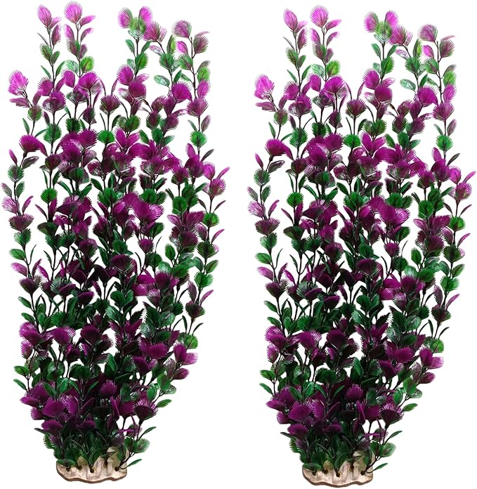 Pack of 2 Tall Plastic Aquarium Plants Large Fake Fish Tank Plants Artificial Pond Plants Large Aquarium Decor (Purple Leaves 6522)