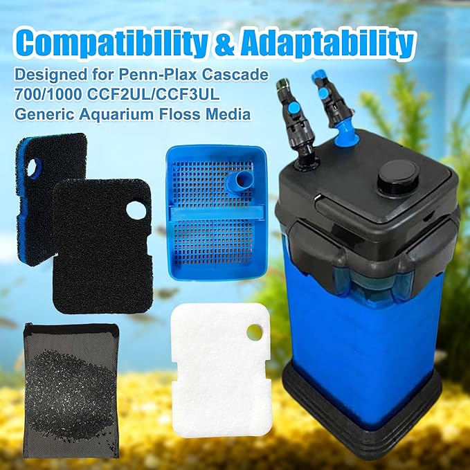 PurifyLogix 10PCS Replacement Filter Kit for Cascade 700/1000 CCF2UL/CCF3UL Aquarium Floss Media, 2 Upgraded Carbon-Coarse-Activated Carbon Filter Pads, 6 White Floss, 2 Activated Carbon Bags