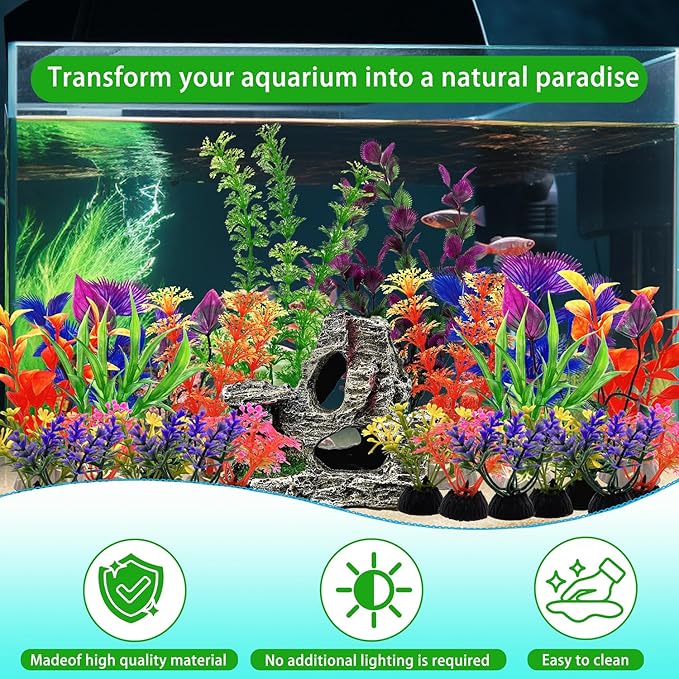 SLOCME 25 PCS Aquarium Plants & Rock Cave Decorations Set – Colorful Fish Tank Plastic Plants Ornaments with Resin Rock Hideout, Realistic Aquarium Decor Accessories for Freshwater & Saltwater Tanks