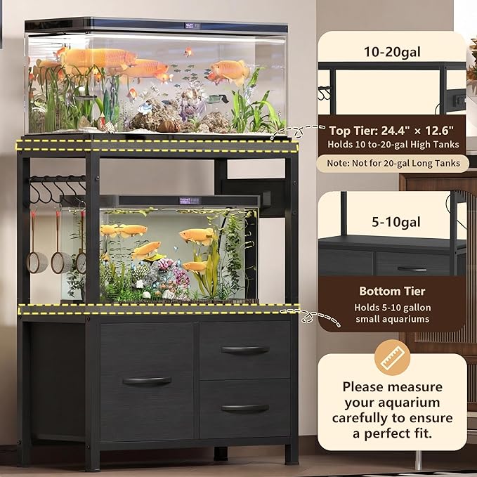 Heybly 10-20 Gallon Fish Tank Stand, Aquarium Stand with Drawer, Power Outlet, Heavy Duty Metal Frame, for Fish Tank, Turtle & Reptile Terrarium, 24.4" × 12.6" Top, 200lbs, Black HAS003SBK
