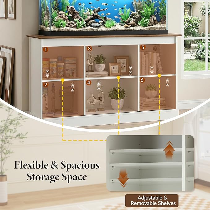 TITIMO 55-75 Gallon Fish Tank Stand with Power Outlet, Heavy Duty Large Aquarium Stand with Sliding Barn Door and Cabinet Storage for 2 Fish Tank Turtle Tank Reptile Terrarium, 1300LBS Capacity(White)