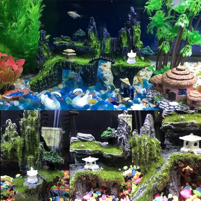 Tfwadmx Fish Tank Mountain View Decoration Aquarium Stone Ornament Bridge with Moss Tree House Cave for Small Betta Shrimp Hide