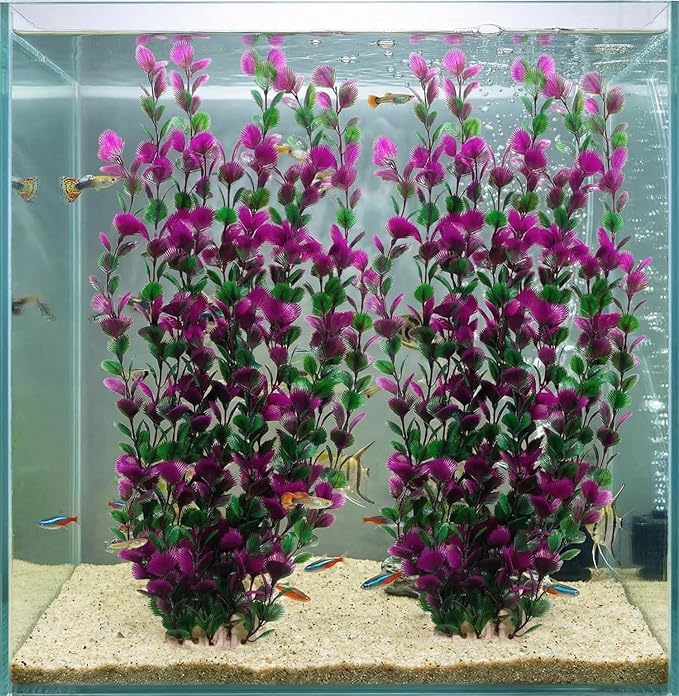 Pack of 2 Tall Plastic Aquarium Plants Large Fake Fish Tank Plants Artificial Pond Plants Large Aquarium Decor (Purple Leaves 6522)