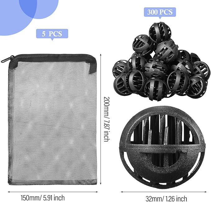 Hortsun 300 Pieces Bio Balls Pond Filter Aquarium Filter Media 1.26 Inch Saltwater Aquarium Filter Biochemical Cotton Pond Filter Accessories and 5 Pieces Black Mesh Bags for Fountain Fish Tank