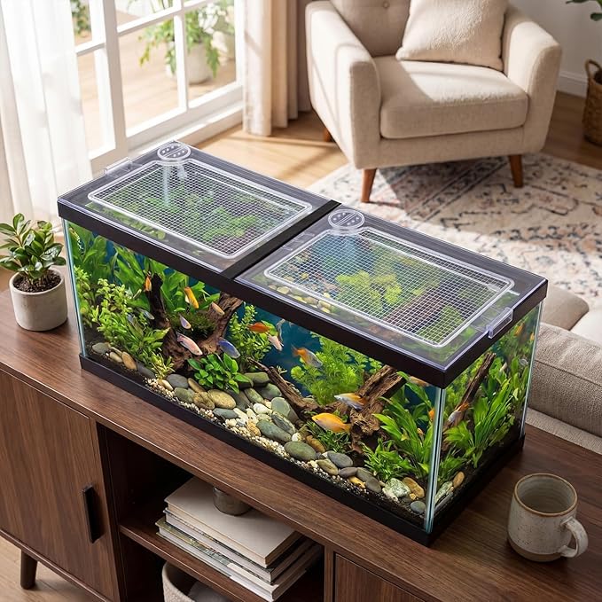 Sieral 2 Pcs Clear Aquarium Canopy and Embedded Network Set with 30 Top Cover Clips Polycarbonate 22.56 x 16.22 x 0.2 Inches for 75/90/110 Gallon Fish Tank Lids with Center Brace Aquariums Cover