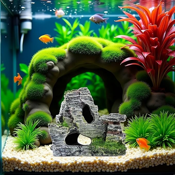 Artificial Moss Rock Aquarium Stone Cave – Resin Fish Tank Decor for Hiding and Landscaping, Small Mountain Terrain Ornament, Natural-Looking Habitat for Fish, Shrimp, and Reptiles, Decoration