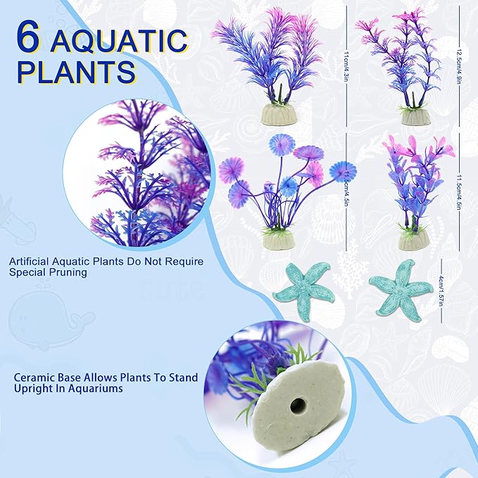 8 Pcs Fish Tank Decor, Small Aquarium Decorations Accessories, Fish Tank Plants Fish Cave Hideout, 2 x Aquarium Cave 4 x Aquarium Plant 2 x Starfish Ornament (Colorful)