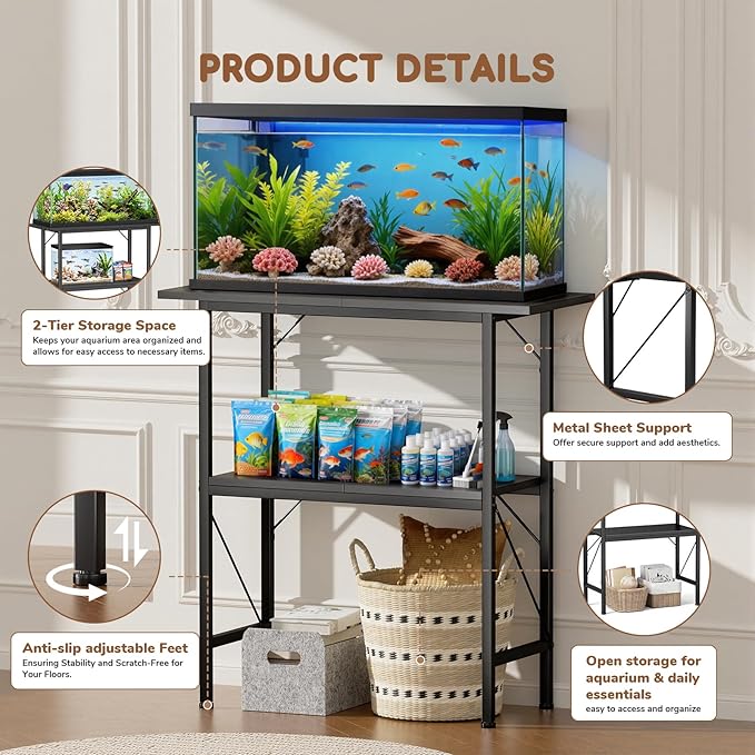 20-29-30 Gallon Fish Tank Stand with Storage Shelves, 2-Tier Aquarium Stand with Metal Frame, Heavy Duty Reptile Turtle Tank Stand for Home Office, 30" L x 11.8" W x 30.5" H, Black
