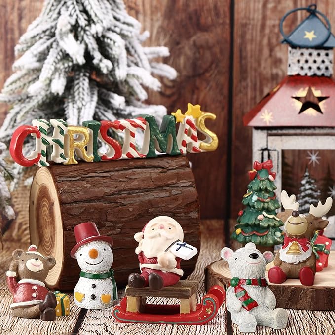 Jetec 9 Pcs Christmas Aquarium Decoration Fish Tank Creative Aquarium Resin Ornament Xmas Series Landscaping Decor Christmas Tree Santa Bear Sled Figurines for Table Desk (Funny Style)