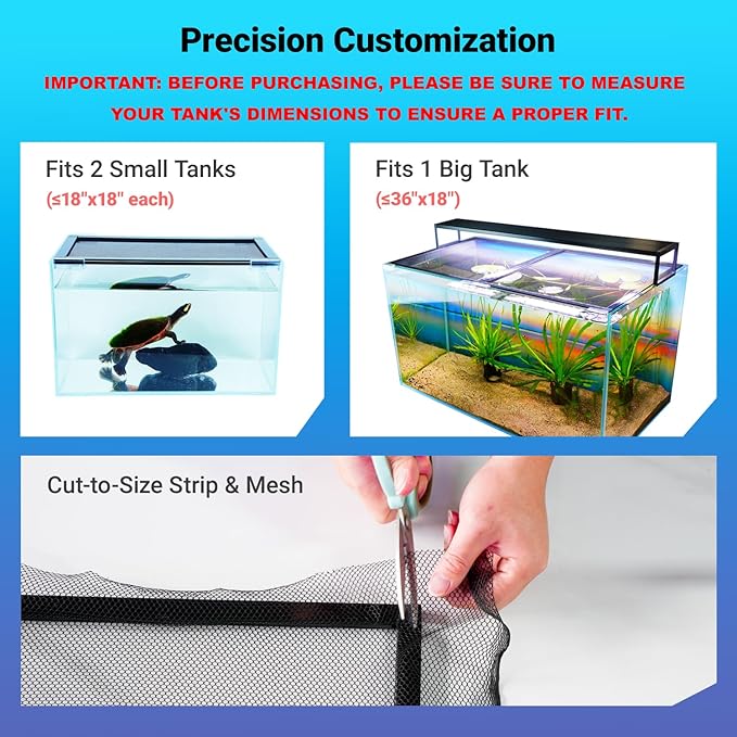 Easy Install DIY Fish Tank Lid, Adjustable Mesh Aquarium Lid, Anti-Jump Hood Cover for 2/5/10/20 Gallon Tanks, Washable & Custom Fit Top Up to 36"x18"