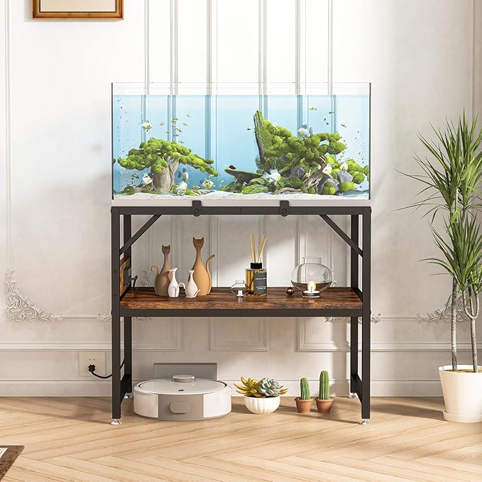 15-20 Gallon Fish Tank Stand with Power Outlets,Aquarium Stand with 2-Tier Storage Shelves,Heavy Metal Reptile Turtle Tank Stand,Fish Tank Shelf,450LBS Capacity,24”L×11.8”W×20.5”H,Rustic Brown