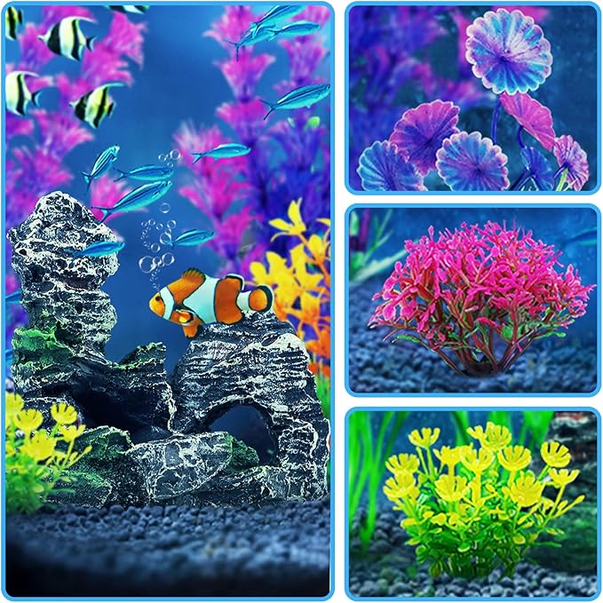 QUOZUO Fish Tank Accessories Aquarium Decorations Plants, 9pcs Colorful Fish Tank Artificial Plants and Cave Rock Decor Set, Aquarium Decor Plastic Plants