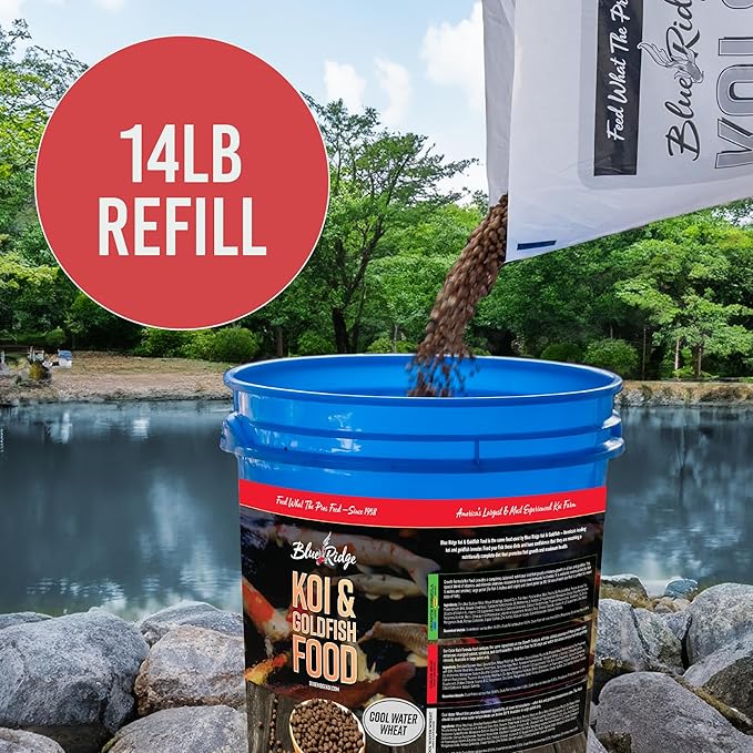 Blue Ridge Koi Fish Food 14lb Bucket Refill - Cool Water Wheat 3/16", Fall and Winter Floating Pond Pellets, Ponds Fish Food