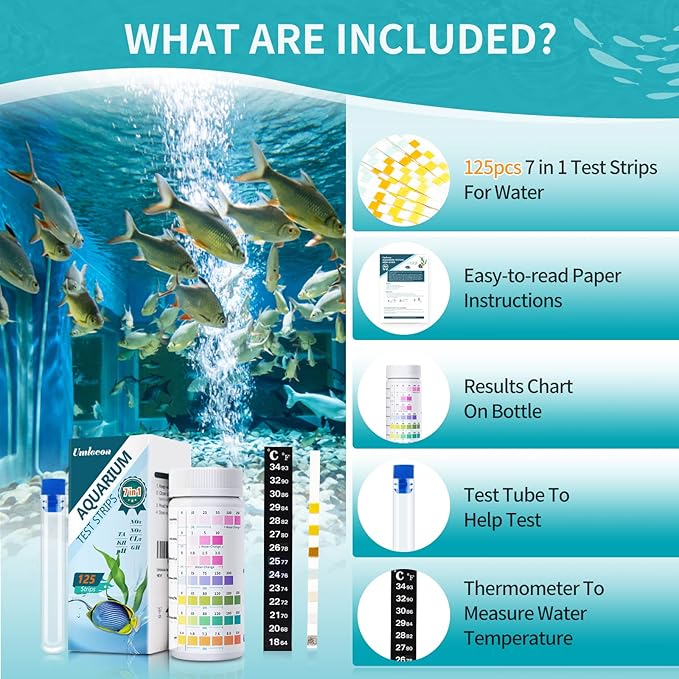 Umlecoa 7 in 1 Aquarium Test Kit for Freshwater and Saltwater - 125 Aquarium Test Strips with Test Tube & Thermometer - Fast & Accurate Water Testing Strips for Aquarium/Pond/Pool