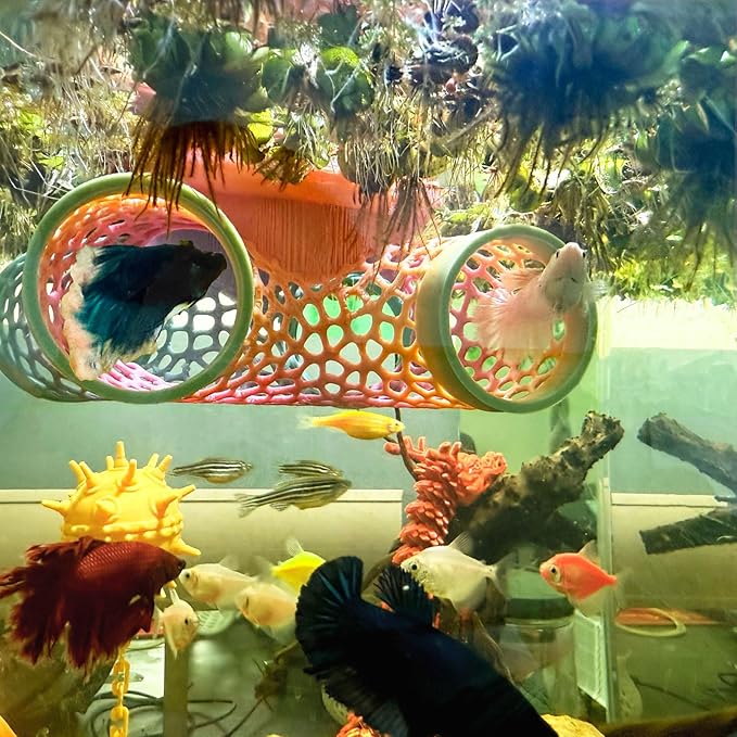 Aquarium Floating Betta Fish Log, Hide Tunnel and Hammock Toy, Small Fish Or Shrimp Hide Resting Cave, Floating Feeder, Feeding Ring, Tank Accessories Decoration (Gradient Color)