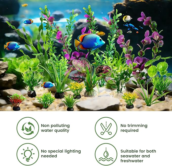 Promising Aquarium Decor Plastic Plants, Fish Tank Accessories, Artificial Aquarium Plants Kit, 22 Pieces