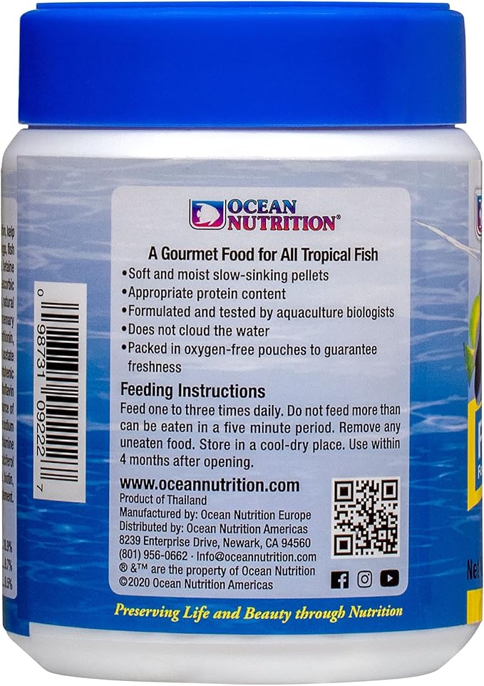 Ocean Nutrition Fish Food - Tropical Fish Food, Soft Moist Sinking Pellets, High Protein(41%) Guppy Fish Food, Fish Food Flakes Alternative, 7 oz (200 g), Small Pellet