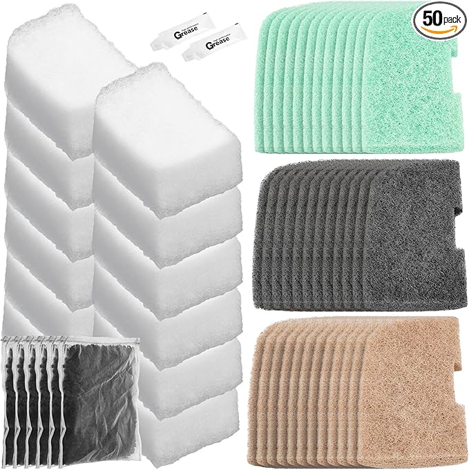 Threlaco 56 Pcs Aquarium Filter Media Compatible with Fluval 306/307/406/407, 36 Ammonia Phosphate & Nitrite Remover Pads, 6 Activated Carbon, 12 Polishing Pads, 2 Silicone Lubricant